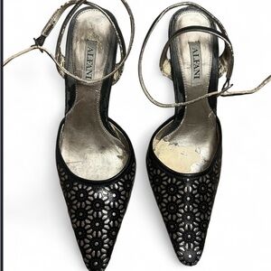 Alfani Black Laser-Cut Pointed Toe Slingback Heels with Metallic Accents